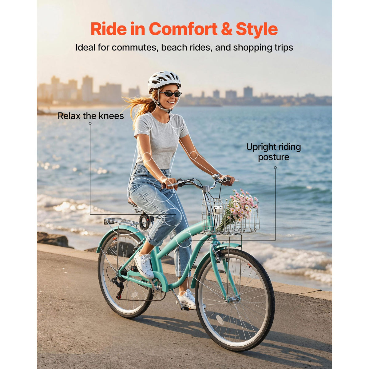 Women Bike, 26 in Beach Cruiser Bike, 7-Speed Adult City Bicycle with Carbon Steel Frame, 330 lbs Capacity, Basket, Rear Rack & Dual V-Brakes, Mint Green