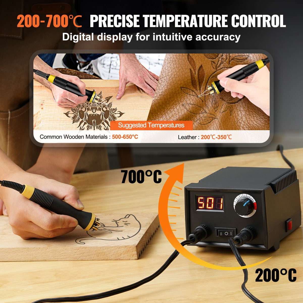 Wood Burning Kit, 200~700 Celsius Adjustable Temperature with Display, Dual Output Port with 2Pyrography Pens, 23Wire Nibs, 4 Wood Chip, 1Pen Holder, 1Screwdriver, 1Knife, 1Tweezers, 1Sponge