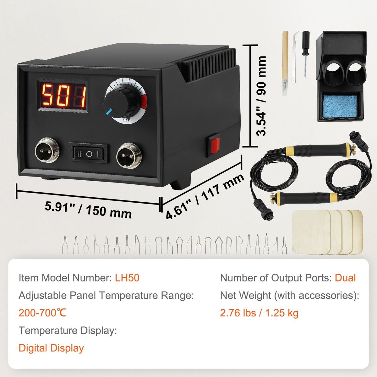 Wood Burning Kit, 200~700 Celsius Adjustable Temperature with Display, Dual Output Port with 2Pyrography Pens, 23Wire Nibs, 4 Wood Chip, 1Pen Holder, 1Screwdriver, 1Knife, 1Tweezers, 1Sponge