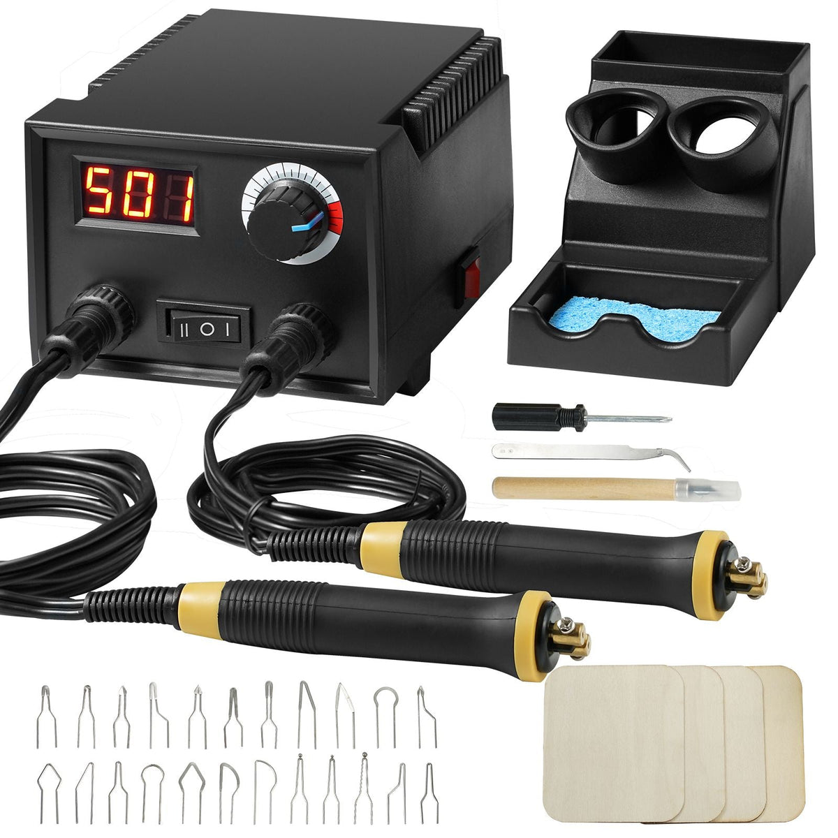 Wood Burning Kit, 200~700 Celsius Adjustable Temperature with Display, Dual Output Port with 2Pyrography Pens, 23Wire Nibs, 4 Wood Chip, 1Pen Holder, 1Screwdriver, 1Knife, 1Tweezers, 1Sponge
