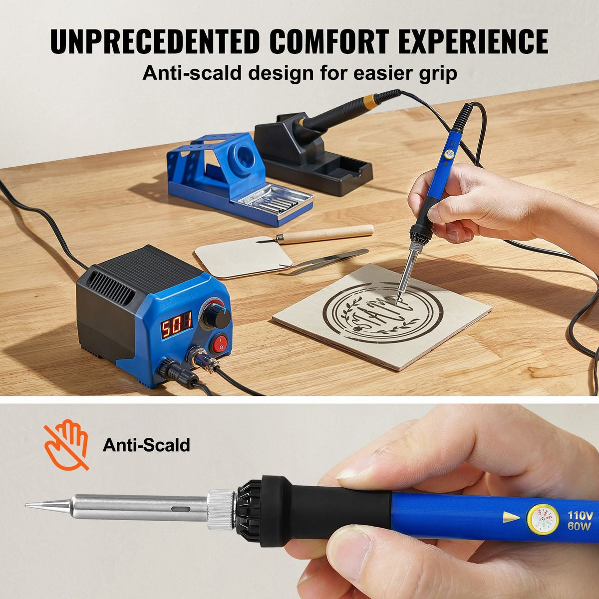 Wood Burning Kit, 250~700 Celsius Adjustable Temperature with Display, Dual Output Port with 2 Pyrography Pens, 23 Wire Nibs, 5 Solid-Point Tips, 2 Pen Holder, 4 Wood Chip, 1 Tweezers, 1 Sponge