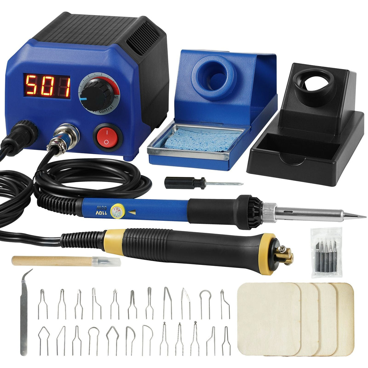 Wood Burning Kit, 250~700 Celsius Adjustable Temperature with Display, Dual Output Port with 2 Pyrography Pens, 23 Wire Nibs, 5 Solid-Point Tips, 2 Pen Holder, 4 Wood Chip, 1 Tweezers, 1 Sponge