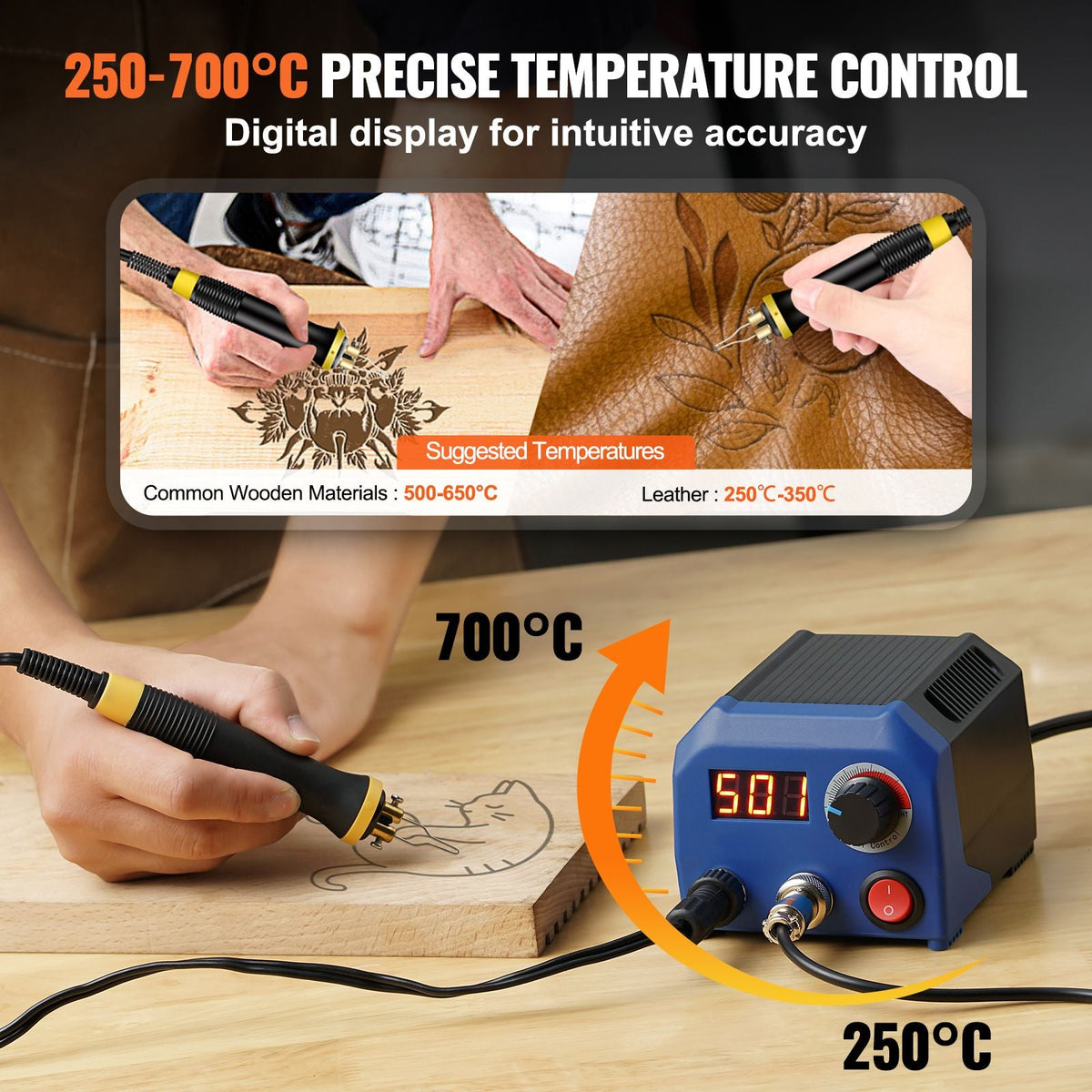 Wood Burning Kit, 250~700 Celsius Adjustable Temperature with Display, Dual Output Port with 2 Pyrography Pens, 23 Wire Nibs, 5 Solid-Point Tips, 2 Pen Holder, 4 Wood Chip, 1 Tweezers, 1 Sponge
