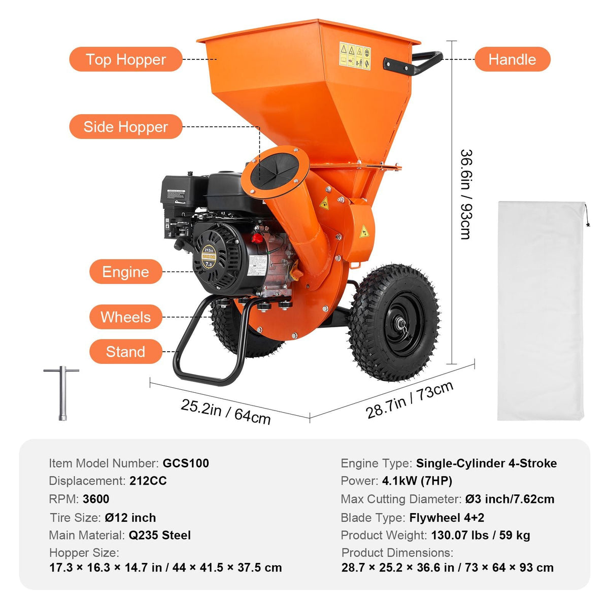 Wood Chipper Shredder Mulcher, 7HP Heavy Duty Gas Powered Engine, 3' Max Diameter 212cc 4.1 kW, 4-Stroke 3-in-1 Woodchipper, Fast Chipping Chopping for Forestry, Gardens, EPA Certified