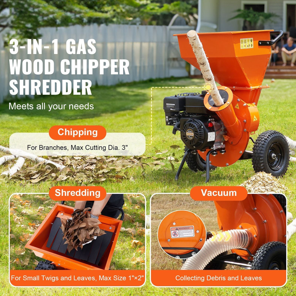 Wood Chipper Shredder Mulcher, 7HP Heavy Duty Gas Powered Engine, 3' Max Diameter 212cc 4.1 kW, 4-Stroke 3-in-1 Woodchipper, Fast Chipping Chopping for Forestry, Gardens, EPA Certified