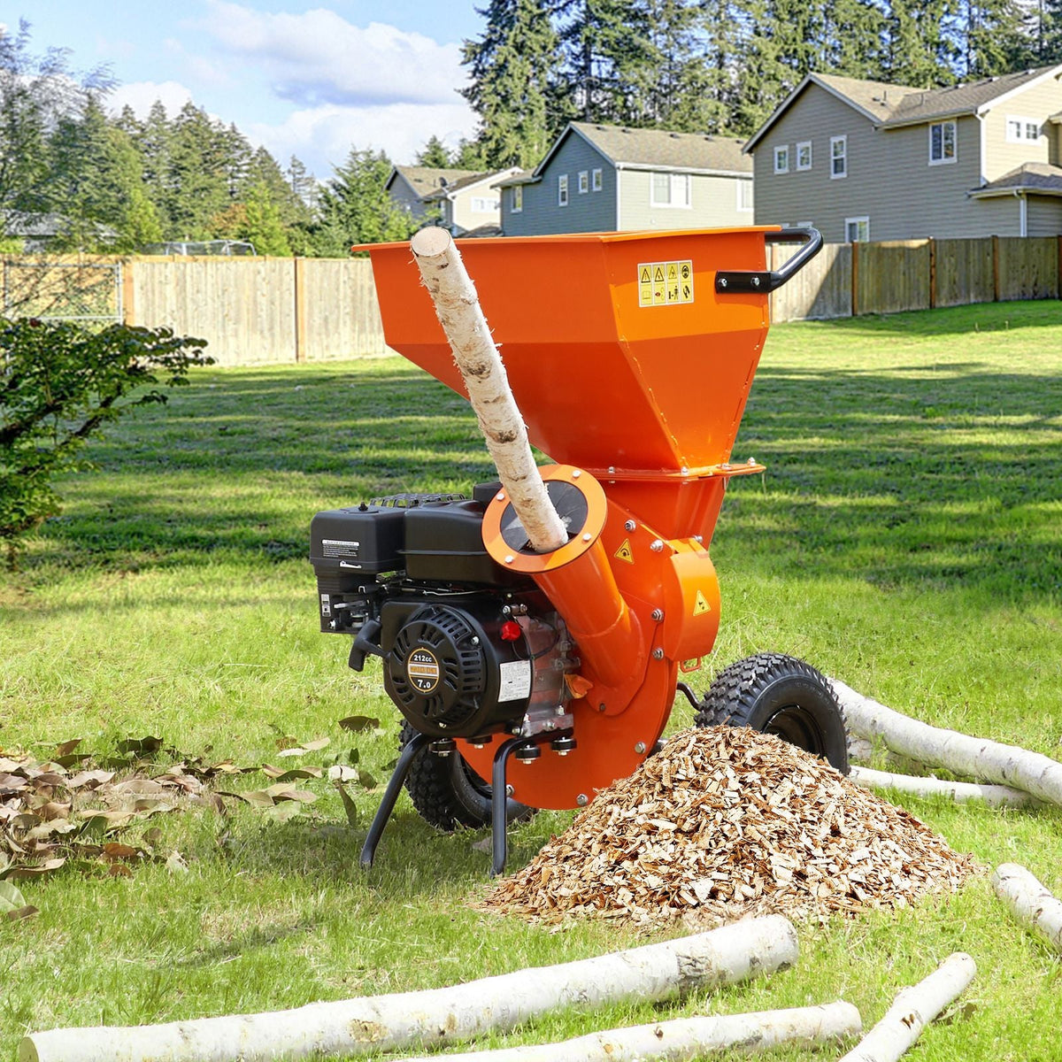 Wood Chipper Shredder Mulcher, 7HP Heavy Duty Gas Powered Engine, 3' Max Diameter 212cc 4.1 kW, 4-Stroke 3-in-1 Woodchipper, Fast Chipping Chopping for Forestry, Gardens, EPA Certified