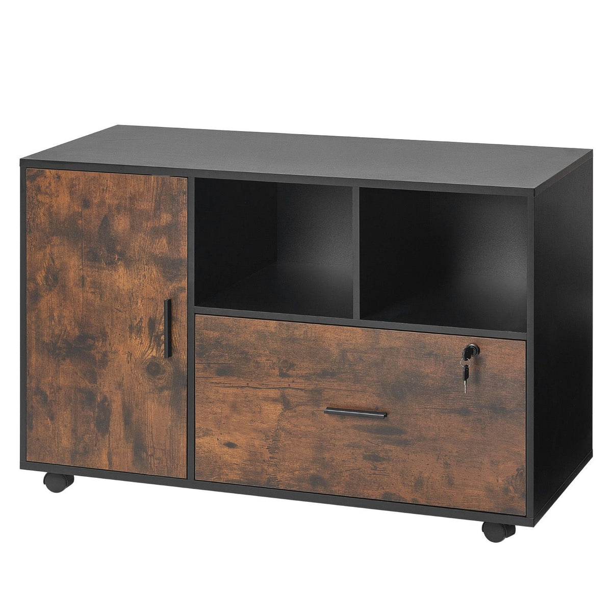 Wood File Cabinet, Mobile Filing Cabinet with Open Shelves, Lockable Lateral Rolling File Storage with Adjustable Shelves, Free Standing Printer Stand for Home, Office, School, Rustic Brown