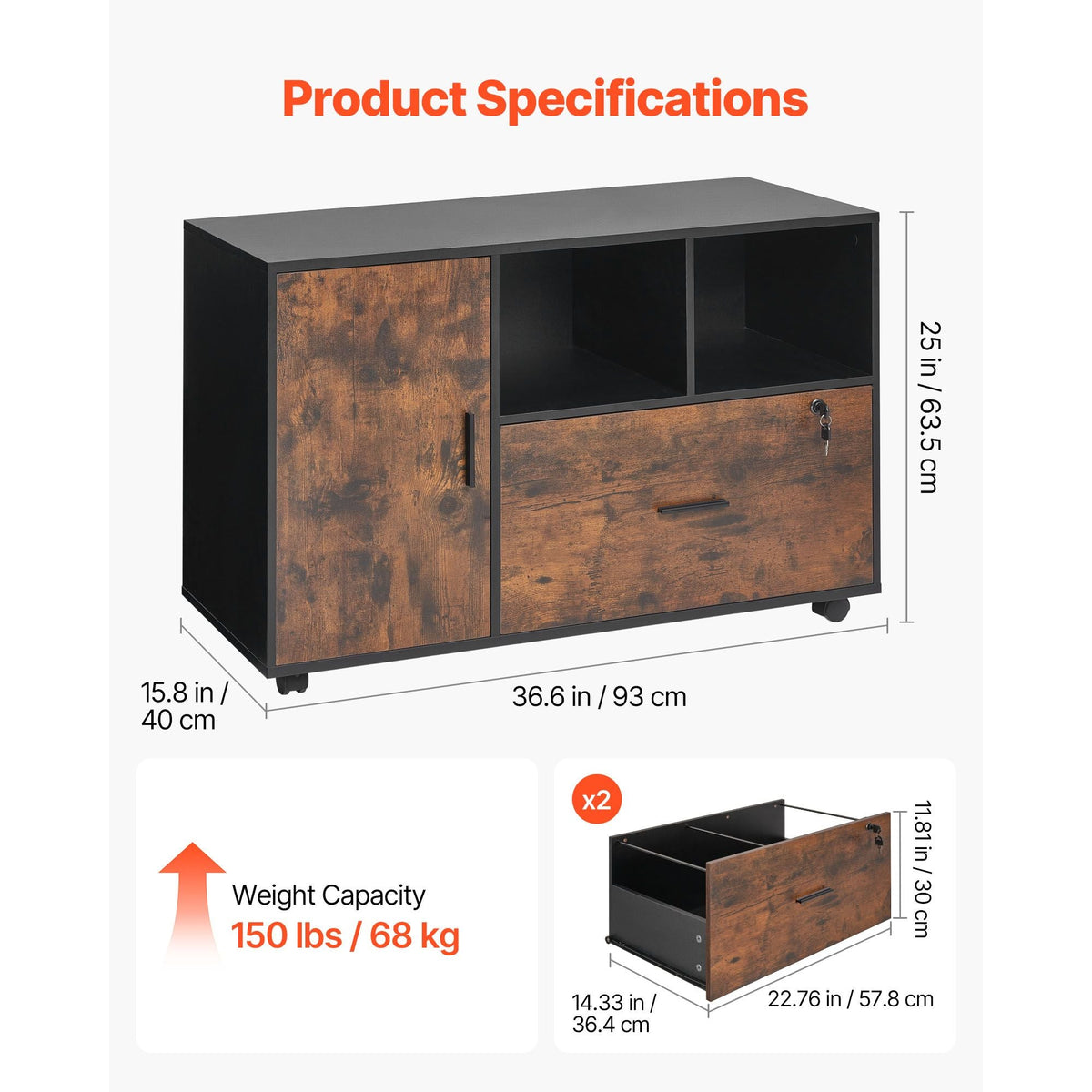 Wood File Cabinet, Mobile Filing Cabinet with Open Shelves, Lockable Lateral Rolling File Storage with Adjustable Shelves, Free Standing Printer Stand for Home, Office, School, Rustic Brown