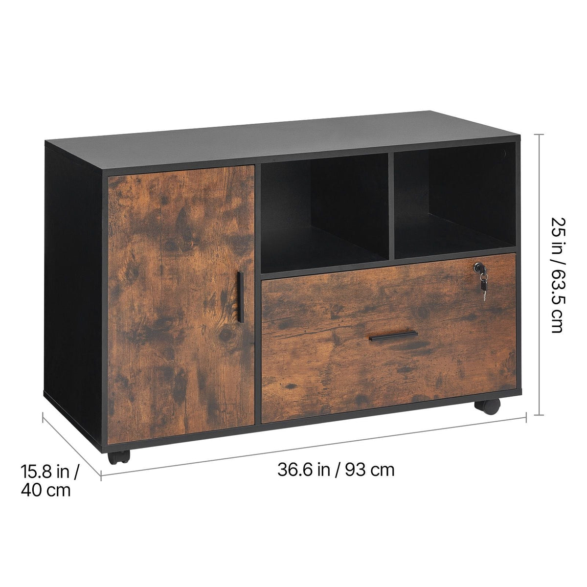 Wood File Cabinet, Mobile Filing Cabinet with Open Shelves, Lockable Lateral Rolling File Storage with Adjustable Shelves, Free Standing Printer Stand for Home, Office, School, Rustic Brown