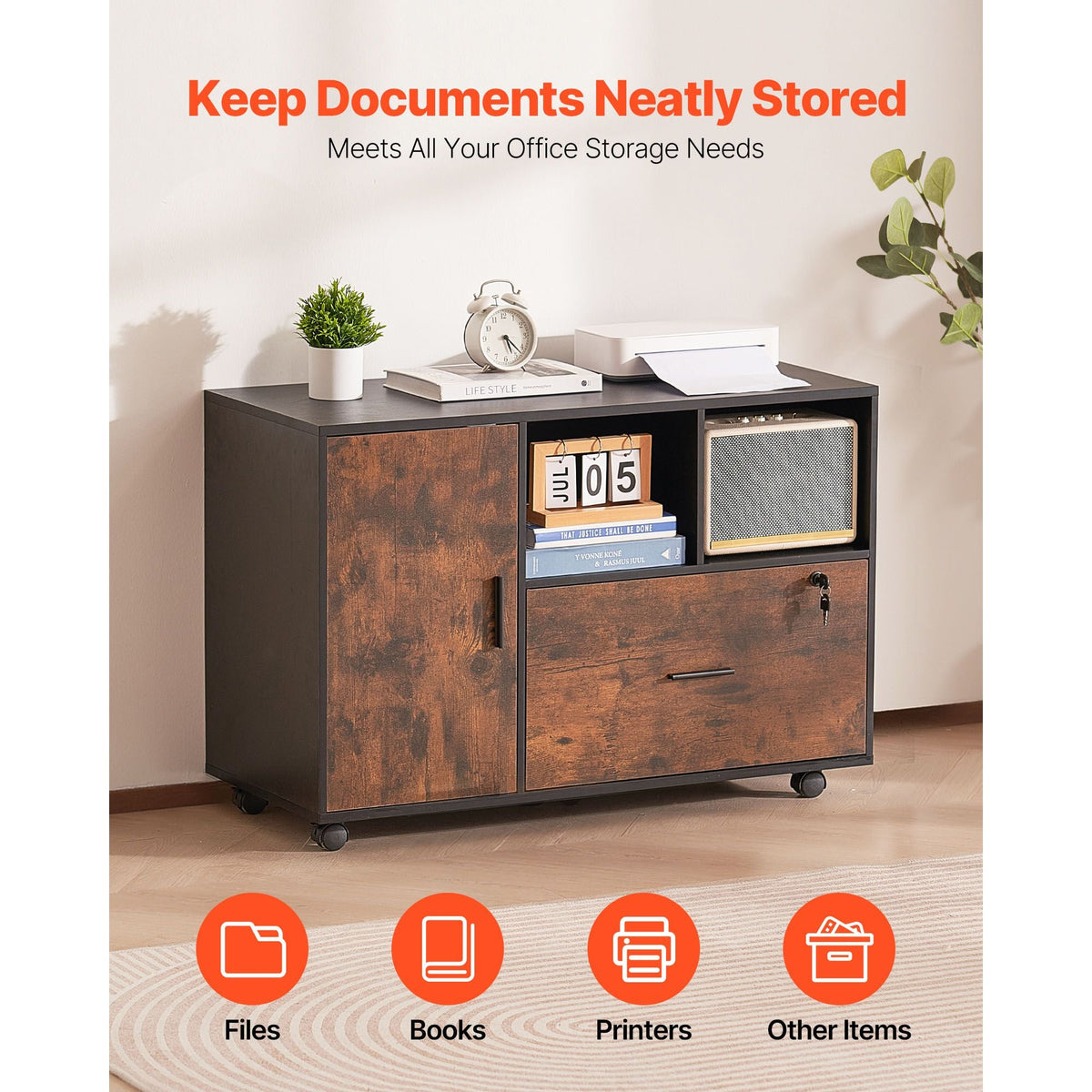 Wood File Cabinet, Mobile Filing Cabinet with Open Shelves, Lockable Lateral Rolling File Storage with Adjustable Shelves, Free Standing Printer Stand for Home, Office, School, Rustic Brown