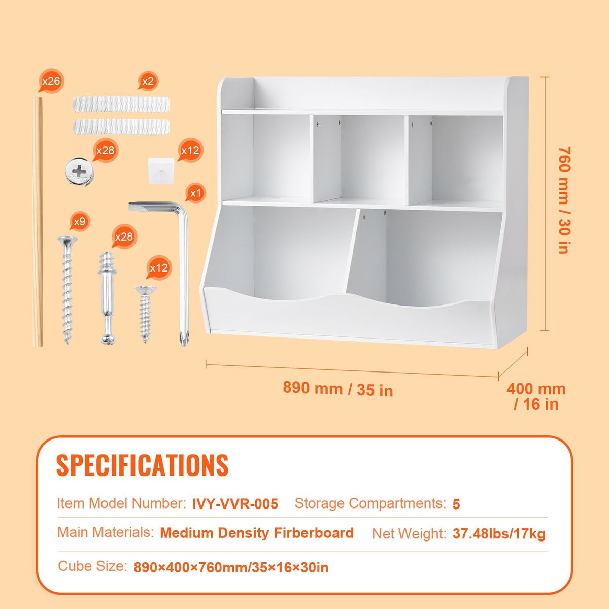 Wood Kid Storage Cubby, Toy Storage Organizer with Bookshelf, 5-Cubby Wood Toy Storage Cabinet, Children Book Toy Shelf for Kids Room, Playroom, Kindergarten, Nursery, White