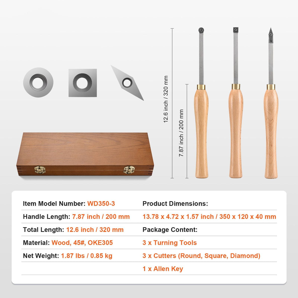 Wood Lathe Chisel Set, 3 PCS Woodworking Turning Tools, Includes Square, Round, Diamond Carbide Blades, 7.87" Comfortable Grip Handles, Wood Chisel Set with Wooden Box For Turning Pens or Small