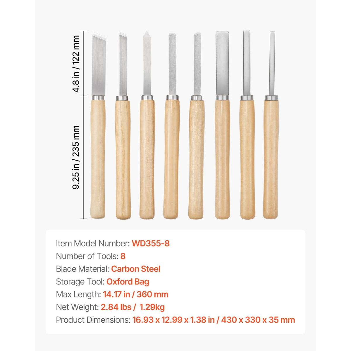 Wood Lathe Turning Tool Set, 8PCS, Lathe Chisel Set with Carbon Steel Blade, 2 Skew, 1 Spear Point, 1 Parting, 1 Round Nose, 3 Gouge Tools, 1 Oxford Bag, for Beginners, Hobbyists, Professionals