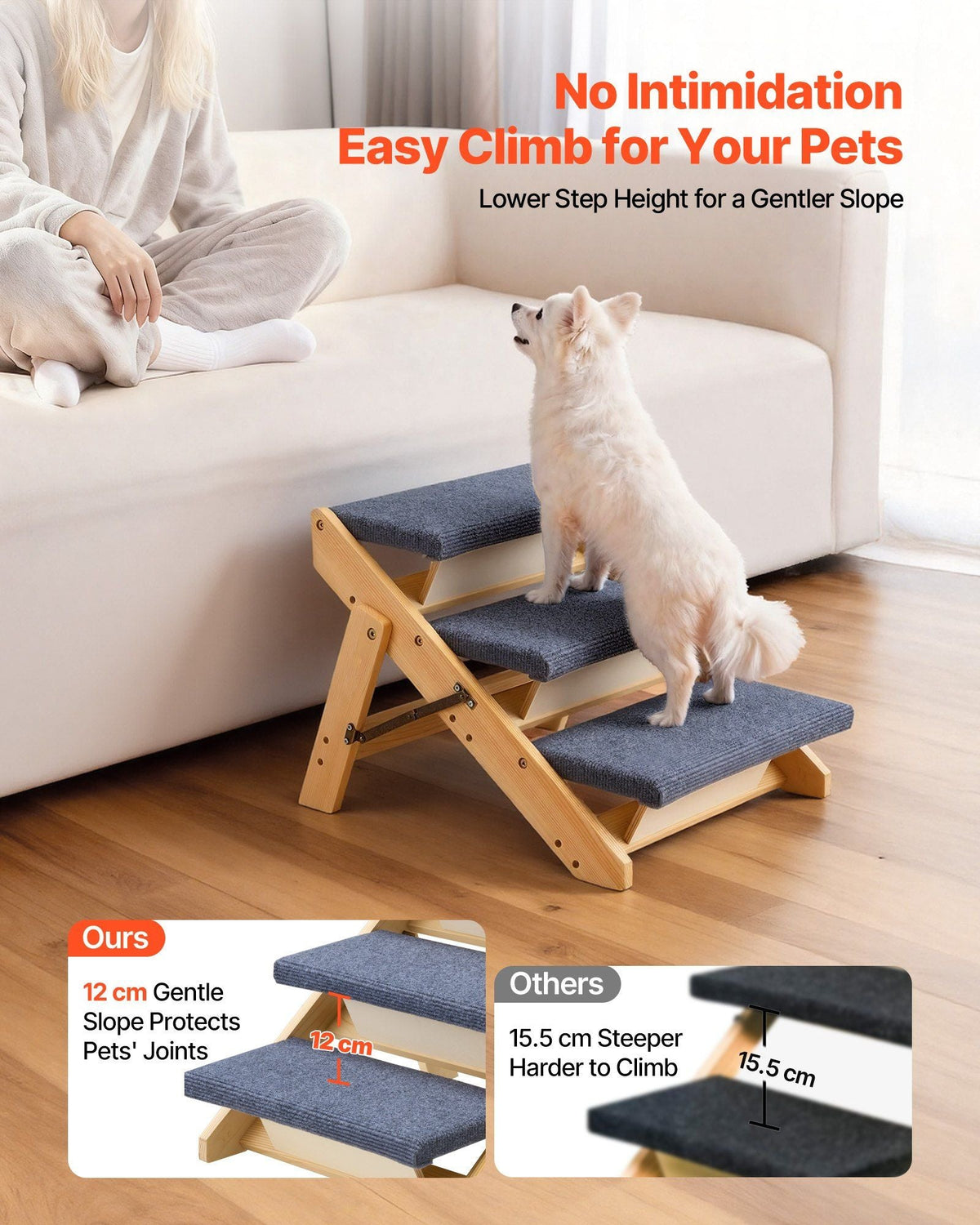 Wood Pet Stairs, 3-Step Dog Stairs for Beds, Sofa & Cars, 150lbs Load Capacity, Floded Flat Design, Stable & Sturdy Cat & Dog Step Ladder for Small Medium Large Older Pet Puppy Essentials