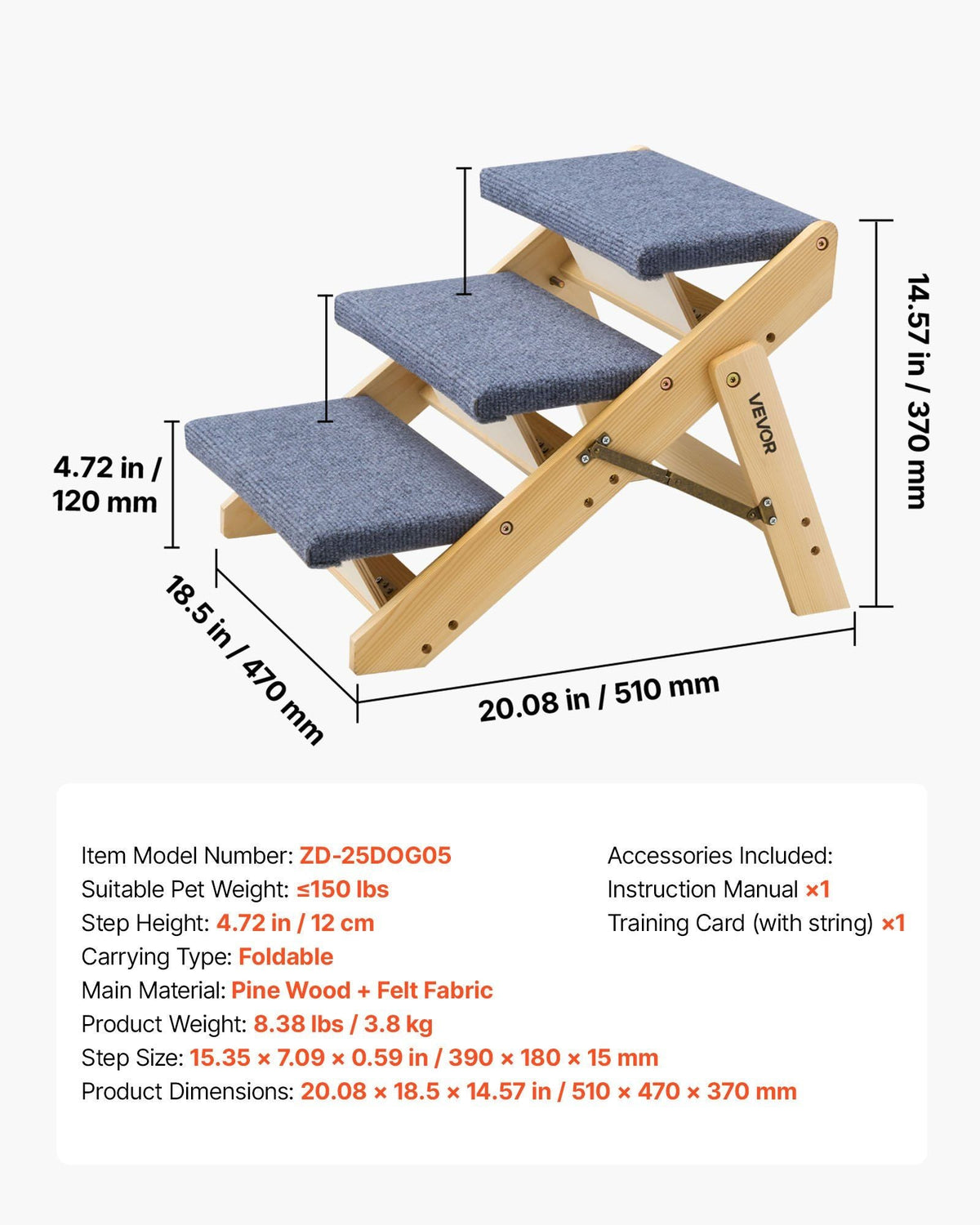 Wood Pet Stairs, 3-Step Dog Stairs for Beds, Sofa & Cars, 150lbs Load Capacity, Floded Flat Design, Stable & Sturdy Cat & Dog Step Ladder for Small Medium Large Older Pet Puppy Essentials