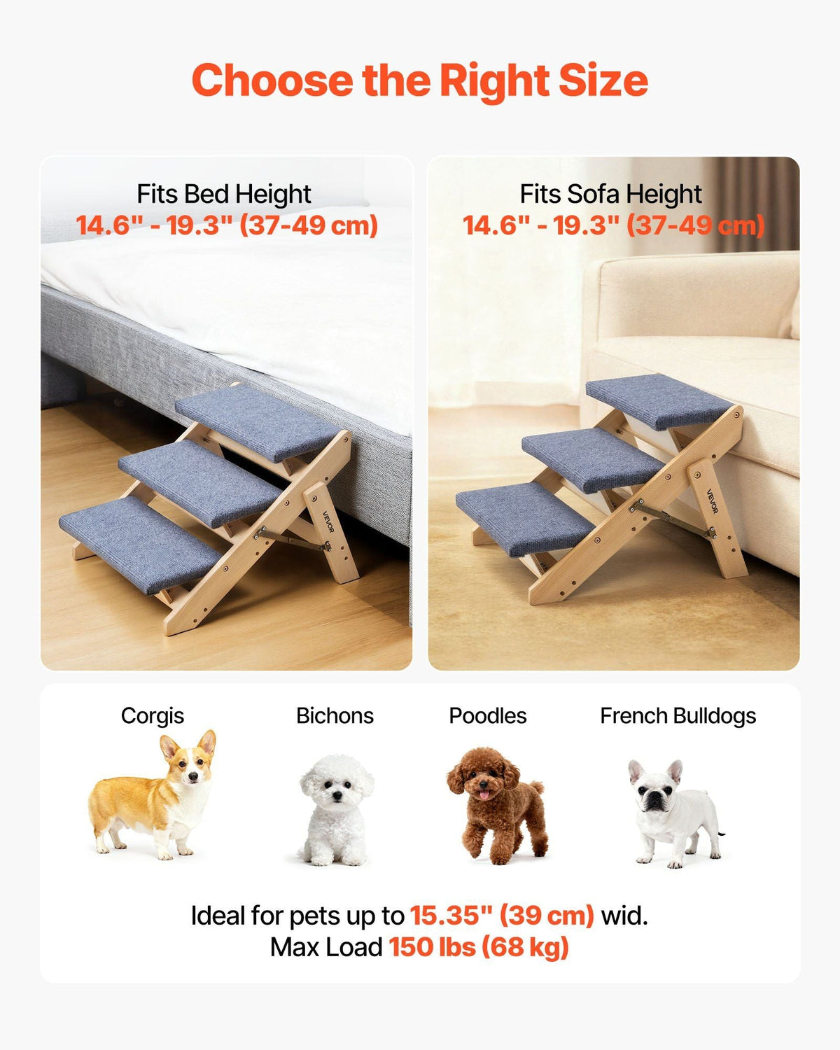 Wood Pet Stairs, 3-Step Dog Stairs for Beds, Sofa & Cars, 150lbs Load Capacity, Floded Flat Design, Stable & Sturdy Cat & Dog Step Ladder for Small Medium Large Older Pet Puppy Essentials
