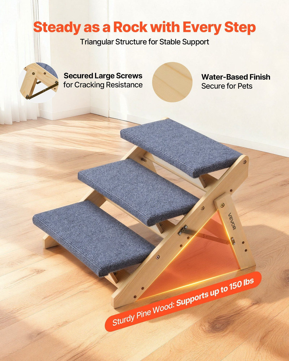 Wood Pet Stairs, 3-Step Dog Stairs for Beds, Sofa & Cars, 150lbs Load Capacity, Floded Flat Design, Stable & Sturdy Cat & Dog Step Ladder for Small Medium Large Older Pet Puppy Essentials