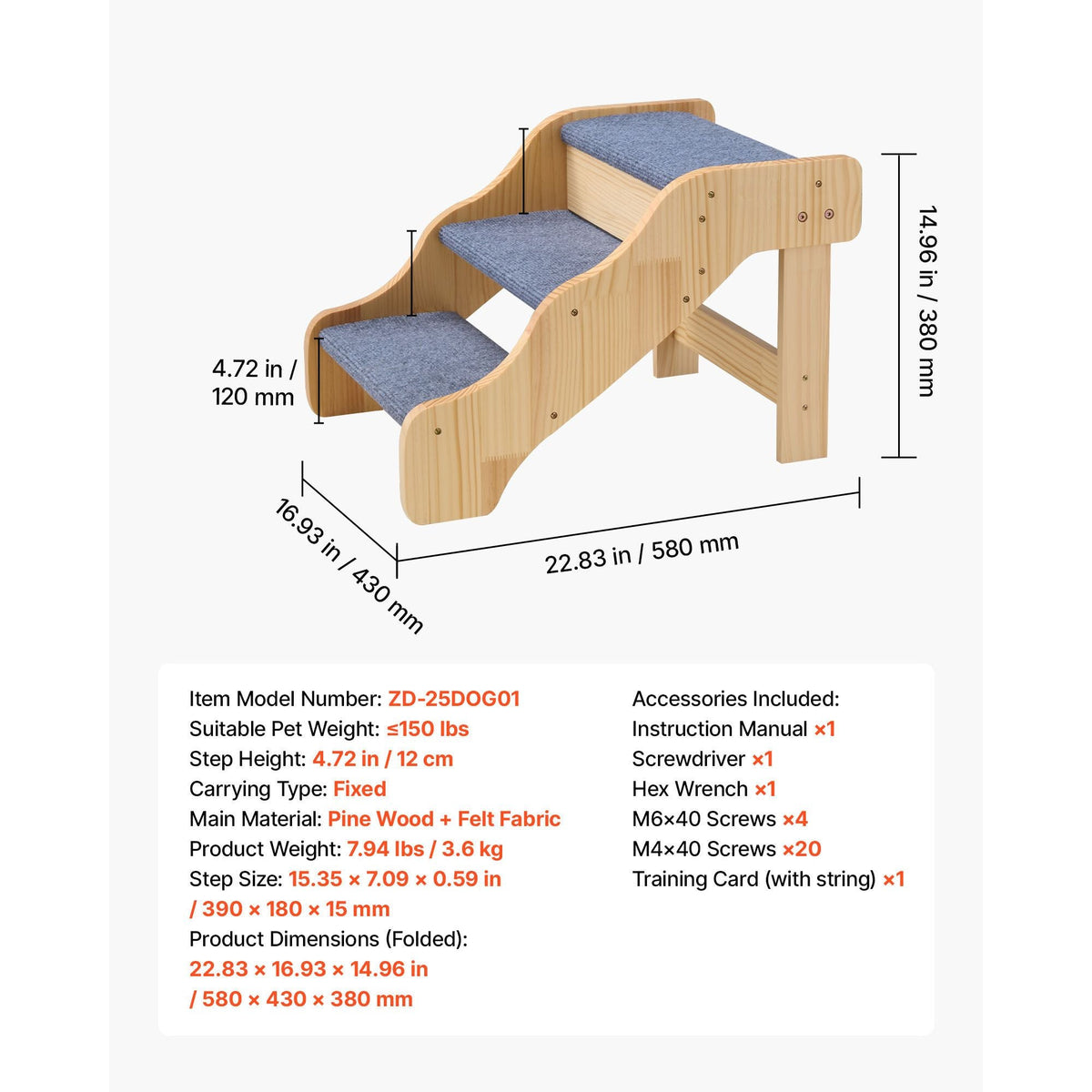 Wood Pet Stairs, 3-Step Dog Stairs for High Beds, Sofa & Cars, 150lbs Load Capacity, Non-Slip Surface, Stable Cat & Dog Step Ladder for Small Medium Large Older Pet Puppy Essentials
