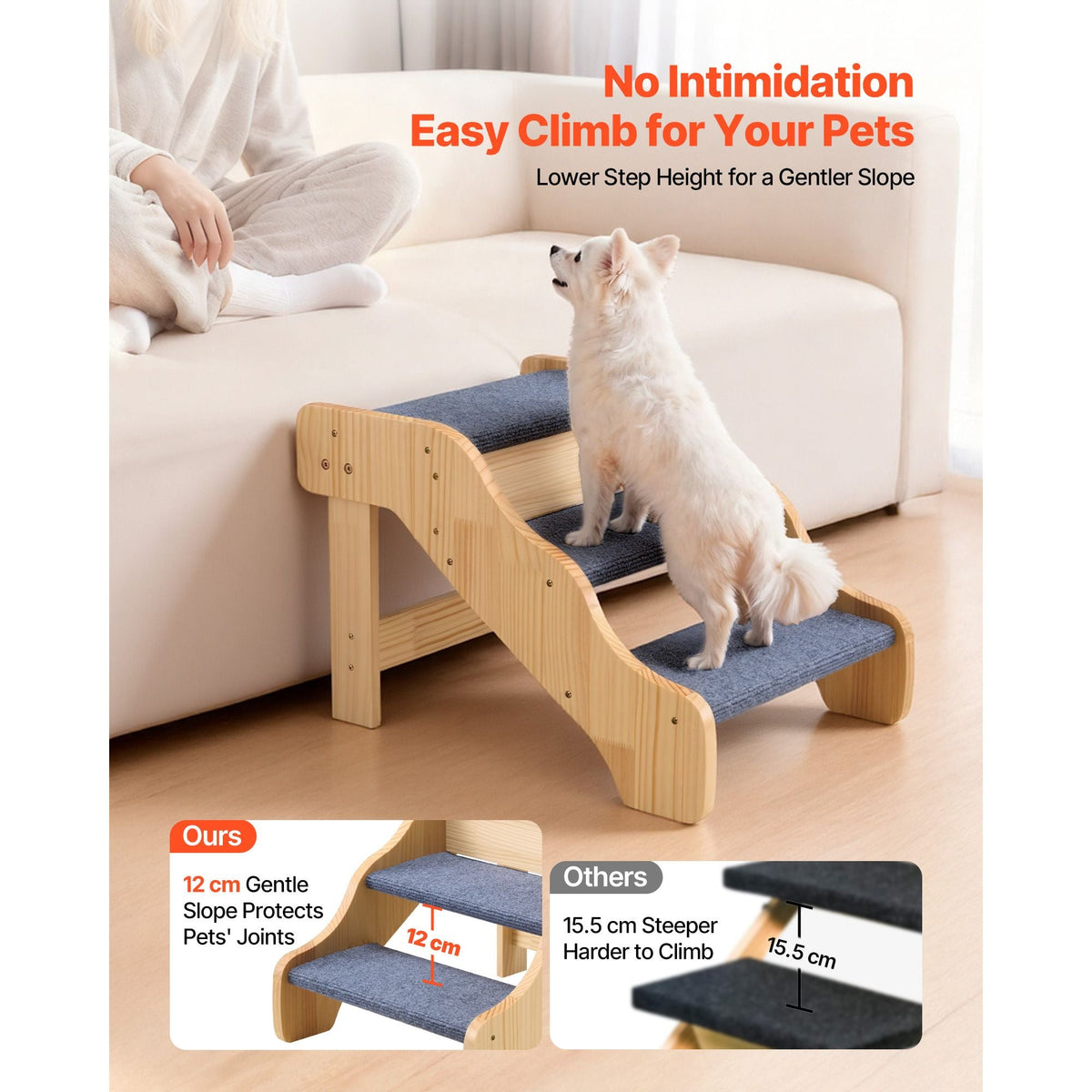 Wood Pet Stairs, 3-Step Dog Stairs for High Beds, Sofa & Cars, 150lbs Load Capacity, Non-Slip Surface, Stable Cat & Dog Step Ladder for Small Medium Large Older Pet Puppy Essentials