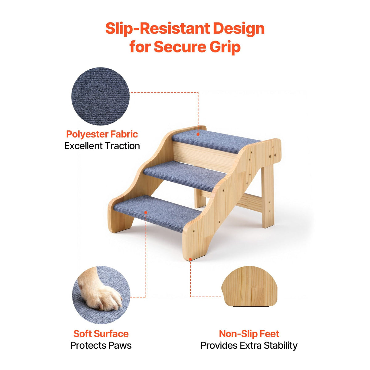 Wood Pet Stairs, 3-Step Dog Stairs for High Beds, Sofa & Cars, 150lbs Load Capacity, Non-Slip Surface, Stable Cat & Dog Step Ladder for Small Medium Large Older Pet Puppy Essentials