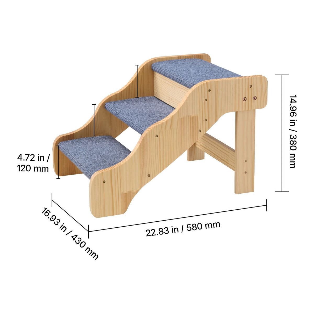 Wood Pet Stairs, 3-Step Dog Stairs for High Beds, Sofa & Cars, 150lbs Load Capacity, Non-Slip Surface, Stable Cat & Dog Step Ladder for Small Medium Large Older Pet Puppy Essentials