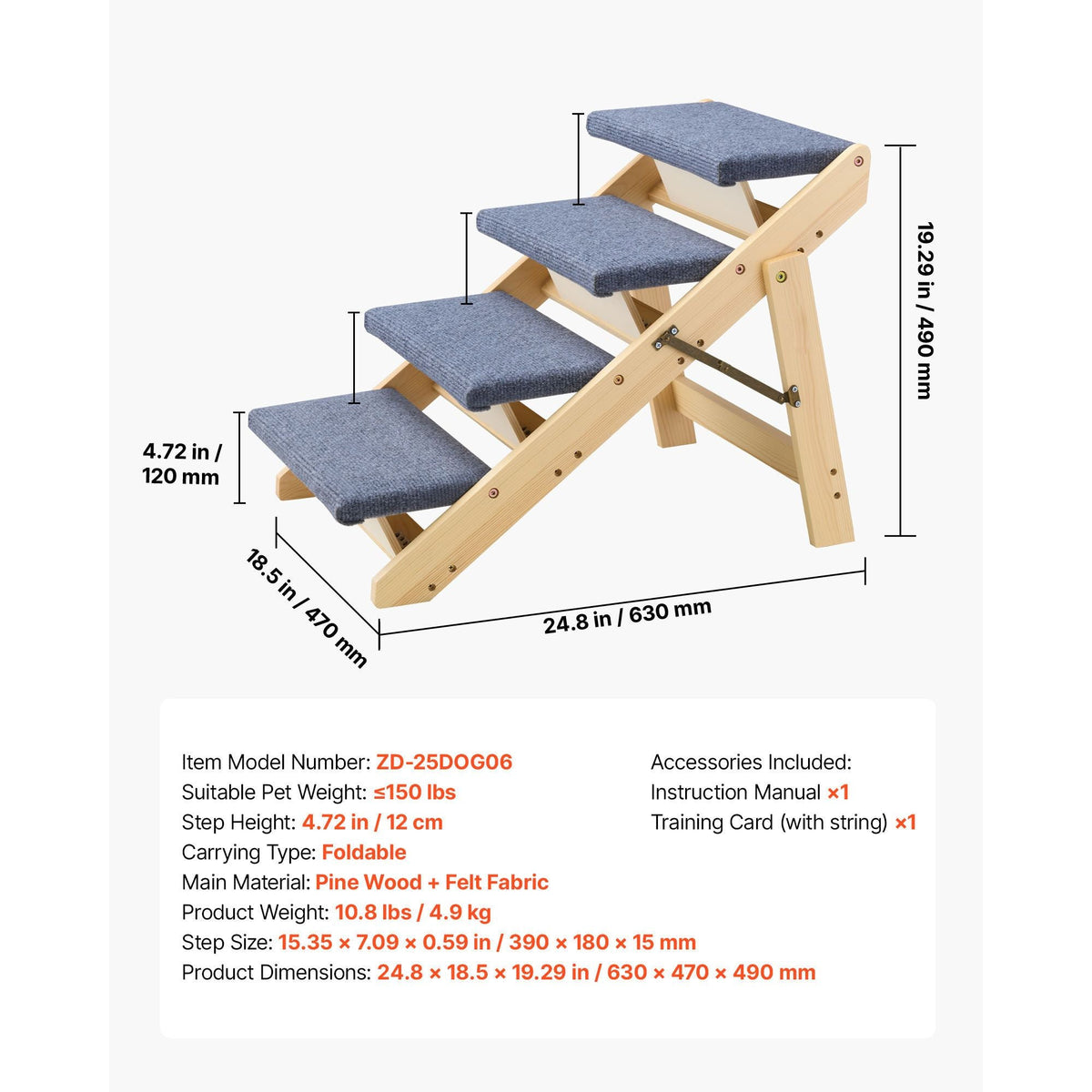 Wood Pet Stairs, 4-Step Dog Stairs for Beds, Sofa & Cars, 150lbs Load Capacity, Floded Flat Design, Stable & Sturdy Cat & Dog Step Ladder for Small Medium Large Older Pet Puppy Essentials
