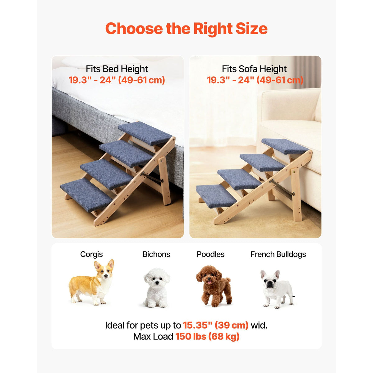 Wood Pet Stairs, 4-Step Dog Stairs for Beds, Sofa & Cars, 150lbs Load Capacity, Floded Flat Design, Stable & Sturdy Cat & Dog Step Ladder for Small Medium Large Older Pet Puppy Essentials