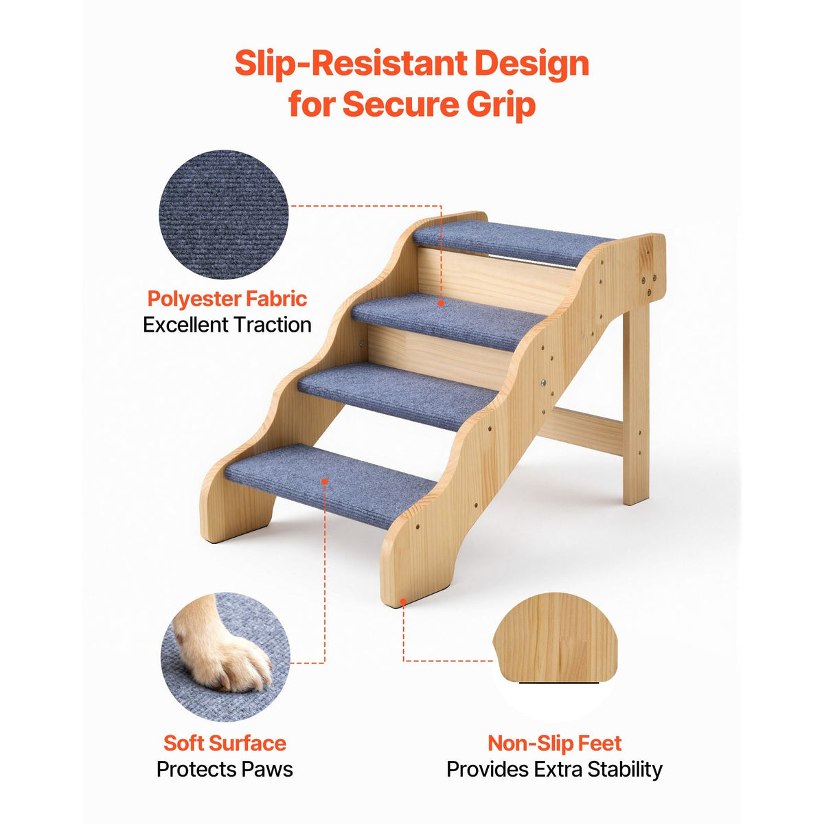 Wood Pet Stairs, 4-Step Dog Stairs for High Beds, Sofa & Cars, 150lbs Load Capacity, Non-Slip Surface, Stable Cat & Dog Step Ladder for Small Medium Large Older Pet Puppy Essentials