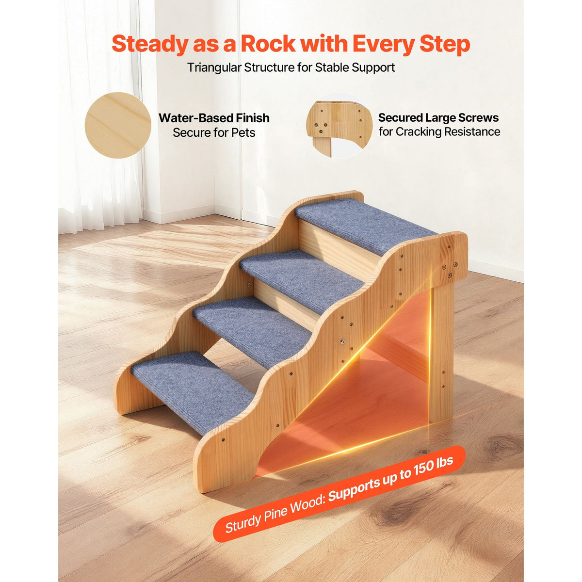 Wood Pet Stairs, 4-Step Dog Stairs for High Beds, Sofa & Cars, 150lbs Load Capacity, Non-Slip Surface, Stable Cat & Dog Step Ladder for Small Medium Large Older Pet Puppy Essentials