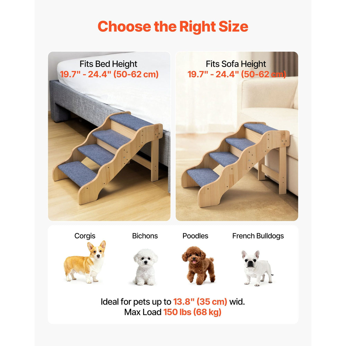 Wood Pet Stairs, 4-Step Dog Stairs for High Beds, Sofa & Cars, 150lbs Load Capacity, Non-Slip Surface, Stable Cat & Dog Step Ladder for Small Medium Large Older Pet Puppy Essentials