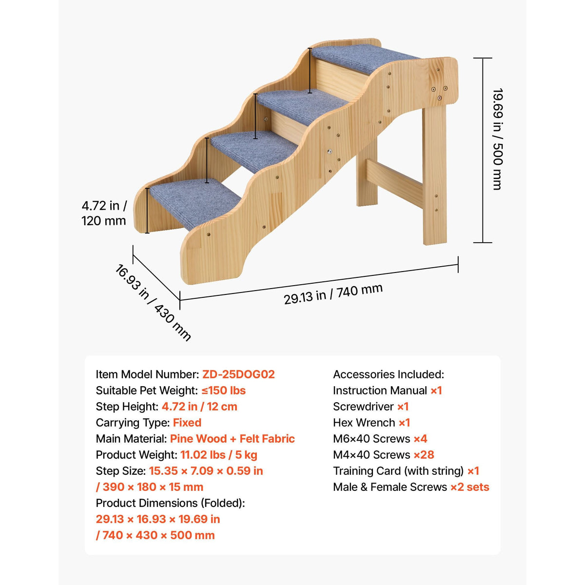 Wood Pet Stairs, 4-Step Dog Stairs for High Beds, Sofa & Cars, 150lbs Load Capacity, Non-Slip Surface, Stable Cat & Dog Step Ladder for Small Medium Large Older Pet Puppy Essentials