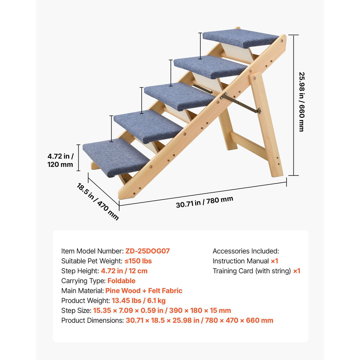 Wood Pet Stairs, 5-Step Dog Stairs for Beds, Sofa & Cars, 150lbs Load Capacity, Floded Flat Design, Stable & Sturdy Cat & Dog Step Ladder for Small Medium Large Older Pet Puppy Essentials