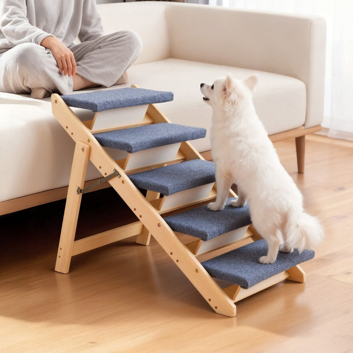 Wood Pet Stairs, 5-Step Dog Stairs for Beds, Sofa & Cars, 150lbs Load Capacity, Floded Flat Design, Stable & Sturdy Cat & Dog Step Ladder for Small Medium Large Older Pet Puppy Essentials