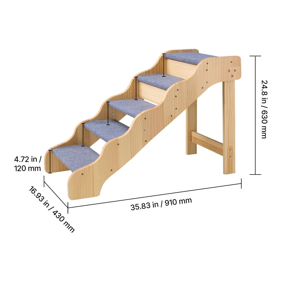 Wood Pet Stairs, 5-Step Dog Stairs for High Beds, Sofa & Cars, 150lbs Load Capacity, Non-Slip Surface, Stable Cat & Dog Step Ladder for Small Medium Large Older Pet Puppy Essentials