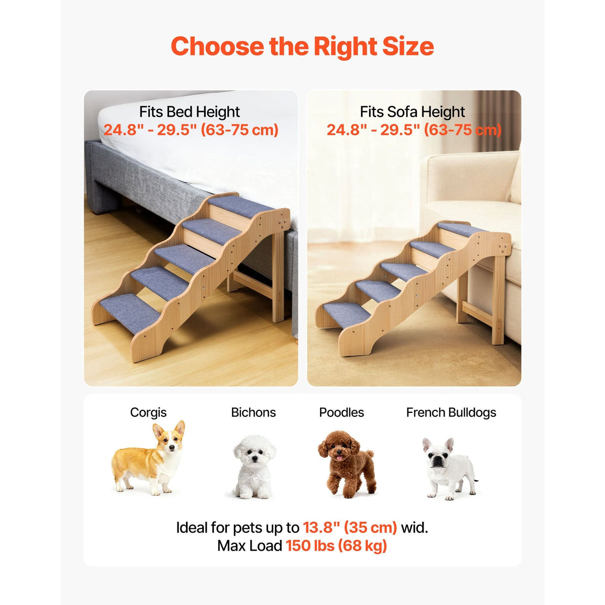 Wood Pet Stairs, 5-Step Dog Stairs for High Beds, Sofa & Cars, 150lbs Load Capacity, Non-Slip Surface, Stable Cat & Dog Step Ladder for Small Medium Large Older Pet Puppy Essentials