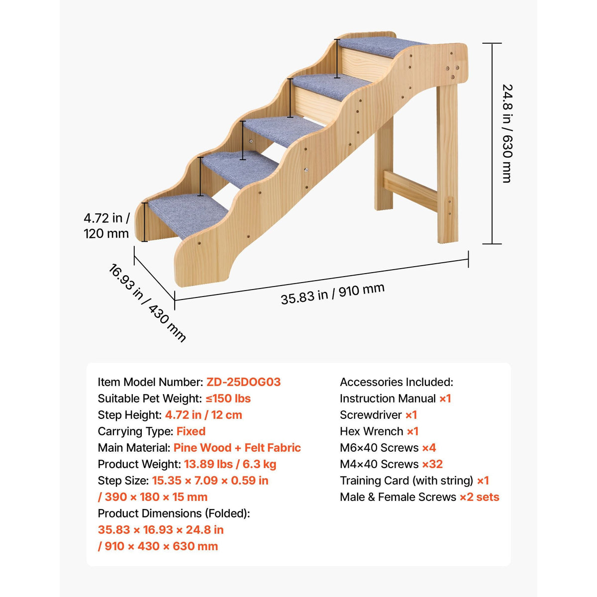 Wood Pet Stairs, 5-Step Dog Stairs for High Beds, Sofa & Cars, 150lbs Load Capacity, Non-Slip Surface, Stable Cat & Dog Step Ladder for Small Medium Large Older Pet Puppy Essentials
