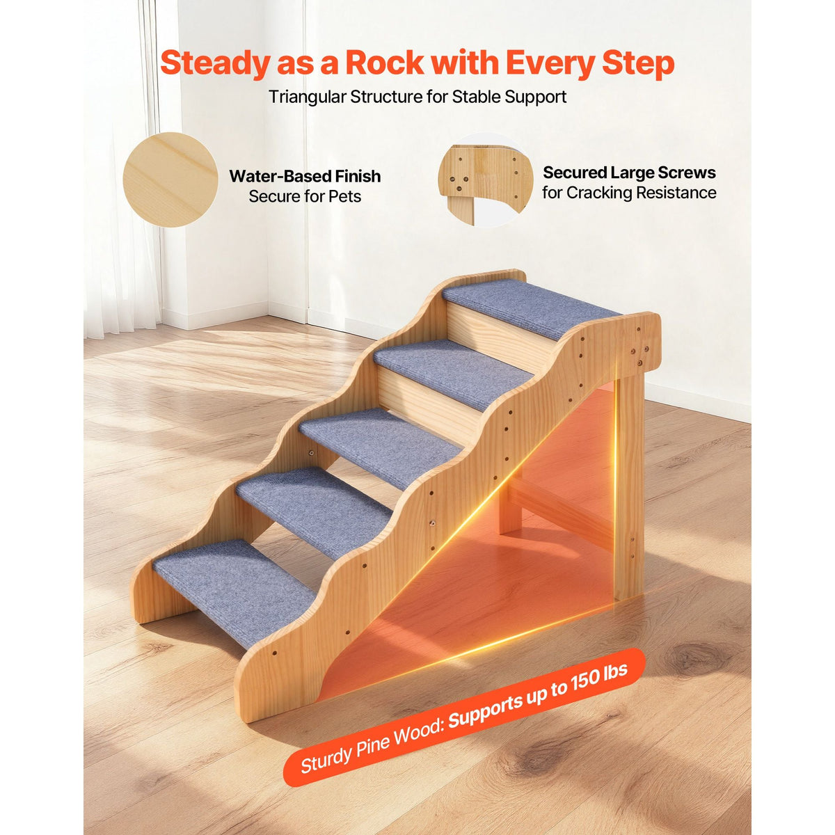 Wood Pet Stairs, 5-Step Dog Stairs for High Beds, Sofa & Cars, 150lbs Load Capacity, Non-Slip Surface, Stable Cat & Dog Step Ladder for Small Medium Large Older Pet Puppy Essentials