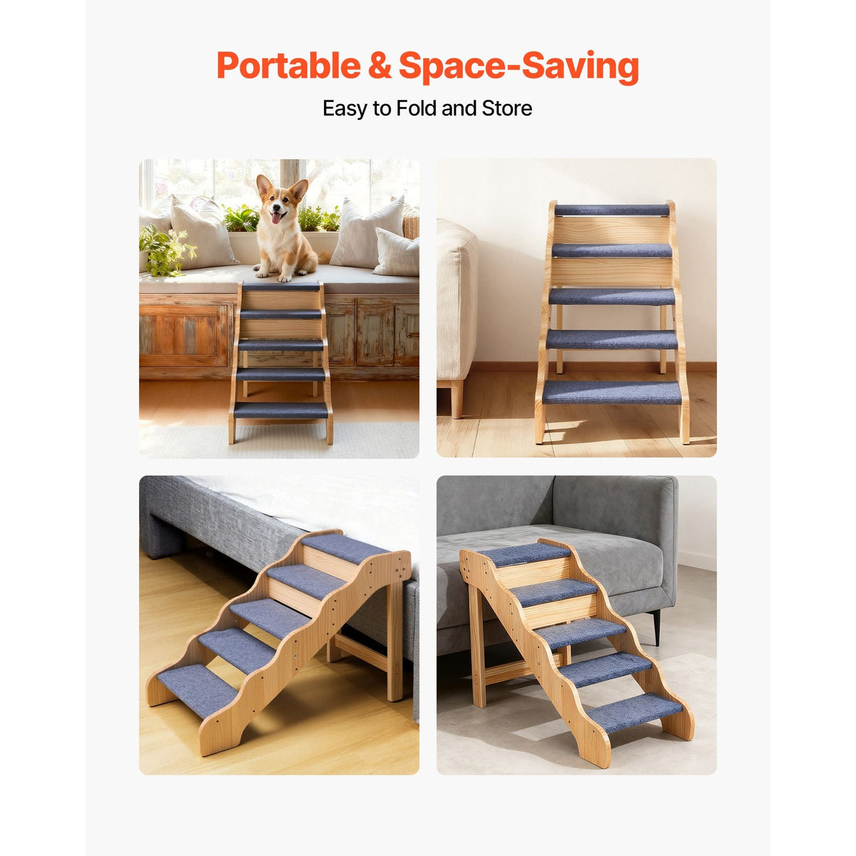 Wood Pet Stairs, 5-Step Dog Stairs for High Beds, Sofa & Cars, 150lbs Load Capacity, Non-Slip Surface, Stable Cat & Dog Step Ladder for Small Medium Large Older Pet Puppy Essentials