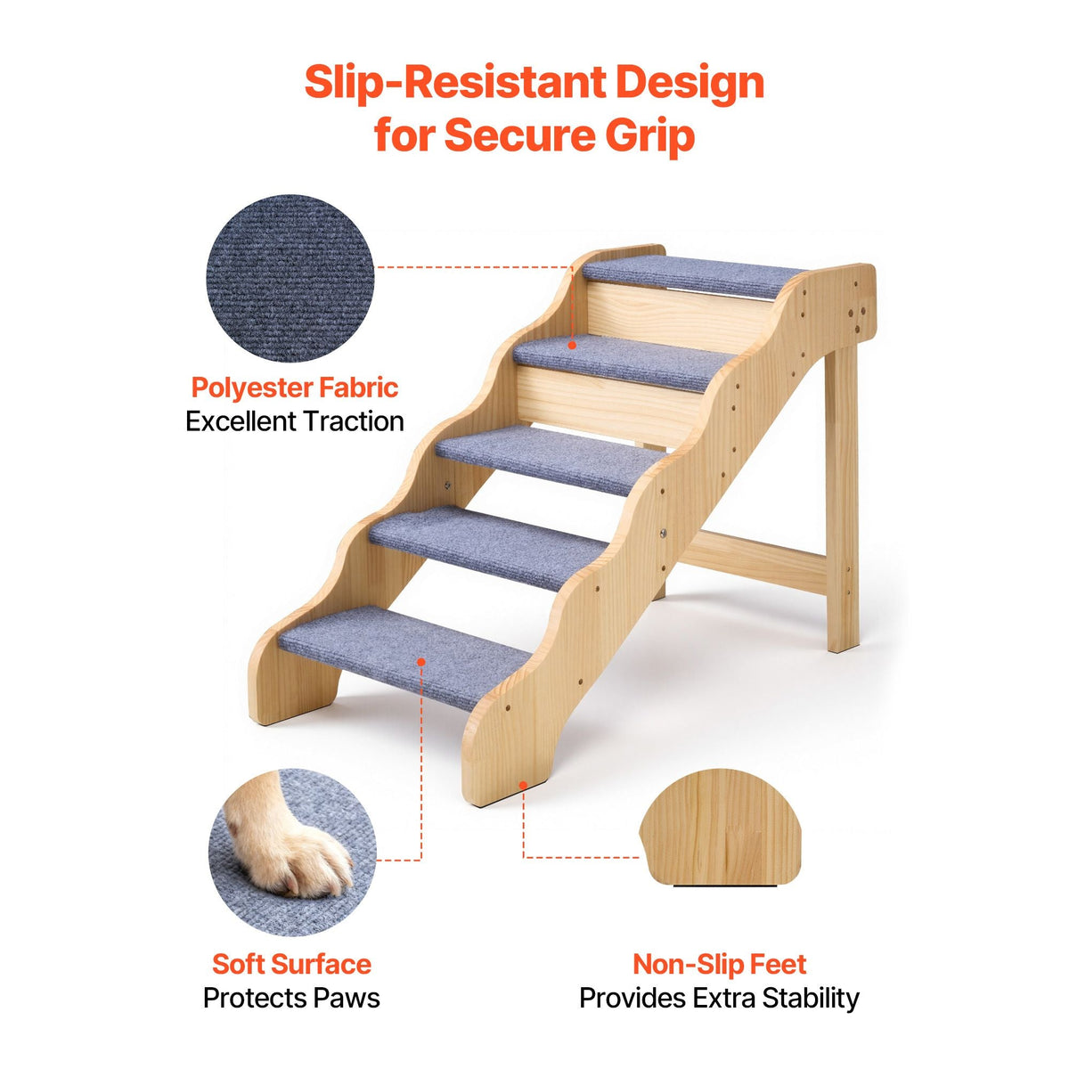 Wood Pet Stairs, 5-Step Dog Stairs for High Beds, Sofa & Cars, 150lbs Load Capacity, Non-Slip Surface, Stable Cat & Dog Step Ladder for Small Medium Large Older Pet Puppy Essentials