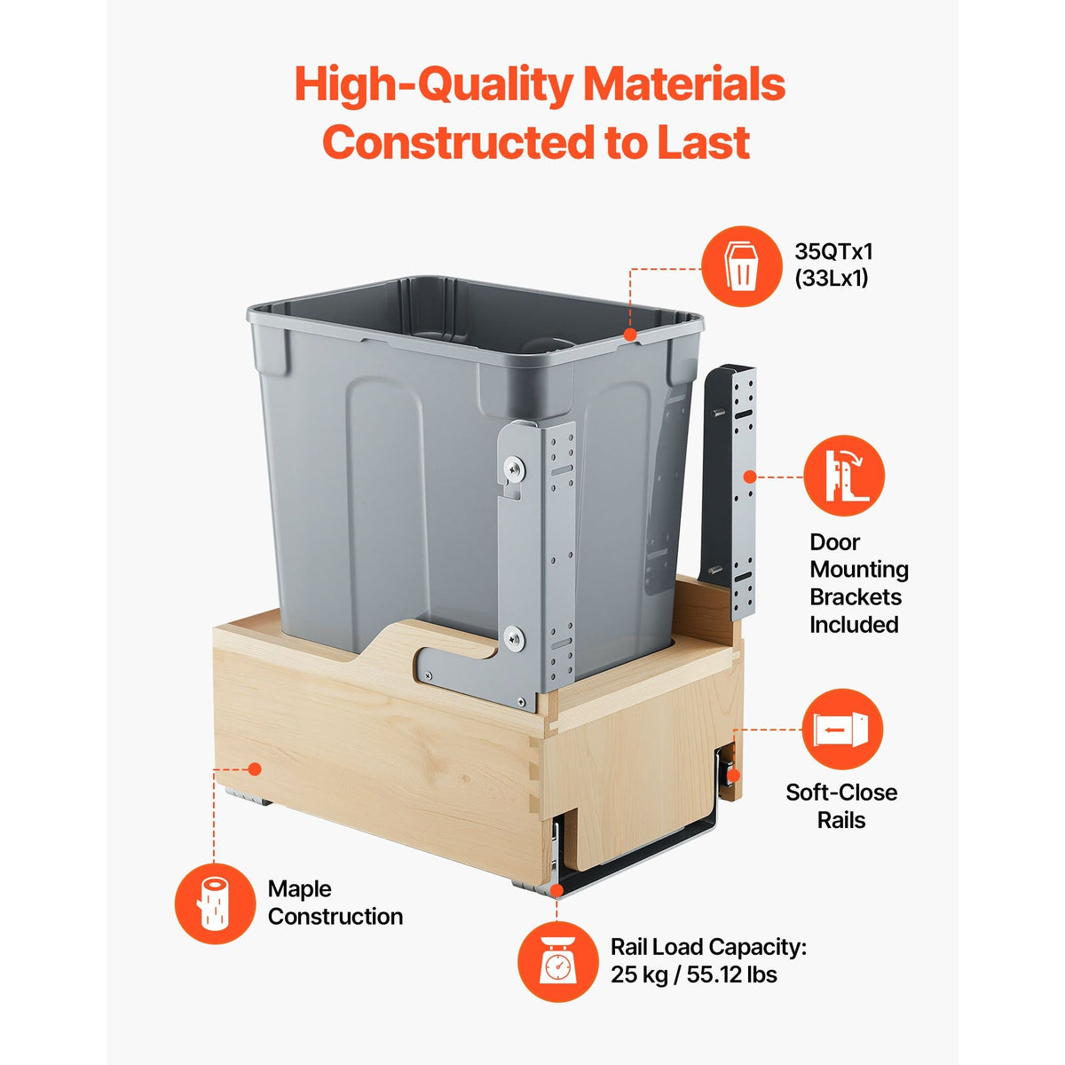 Wood Pullout Trash Can for Kitchen Cabinets, 35 QT Garbage Waste Recycling Bin, Under Mount Waste Container, with Heavy Duty Metal Soft Close Sliding System, Door Kit, for Sink, Under Counter