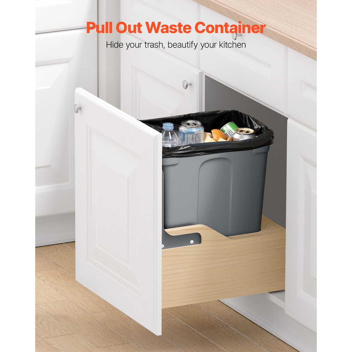 Wood Pullout Trash Can for Kitchen Cabinets, 35 QT Garbage Waste Recycling Bin, Under Mount Waste Container, with Heavy Duty Metal Soft Close Sliding System, Door Kit, for Sink, Under Counter