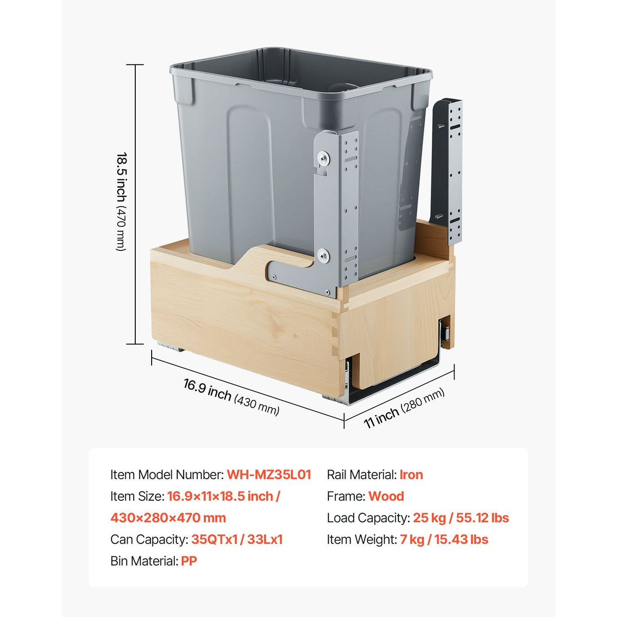 Wood Pullout Trash Can for Kitchen Cabinets, 35 QT Garbage Waste Recycling Bin, Under Mount Waste Container, with Heavy Duty Metal Soft Close Sliding System, Door Kit, for Sink, Under Counter