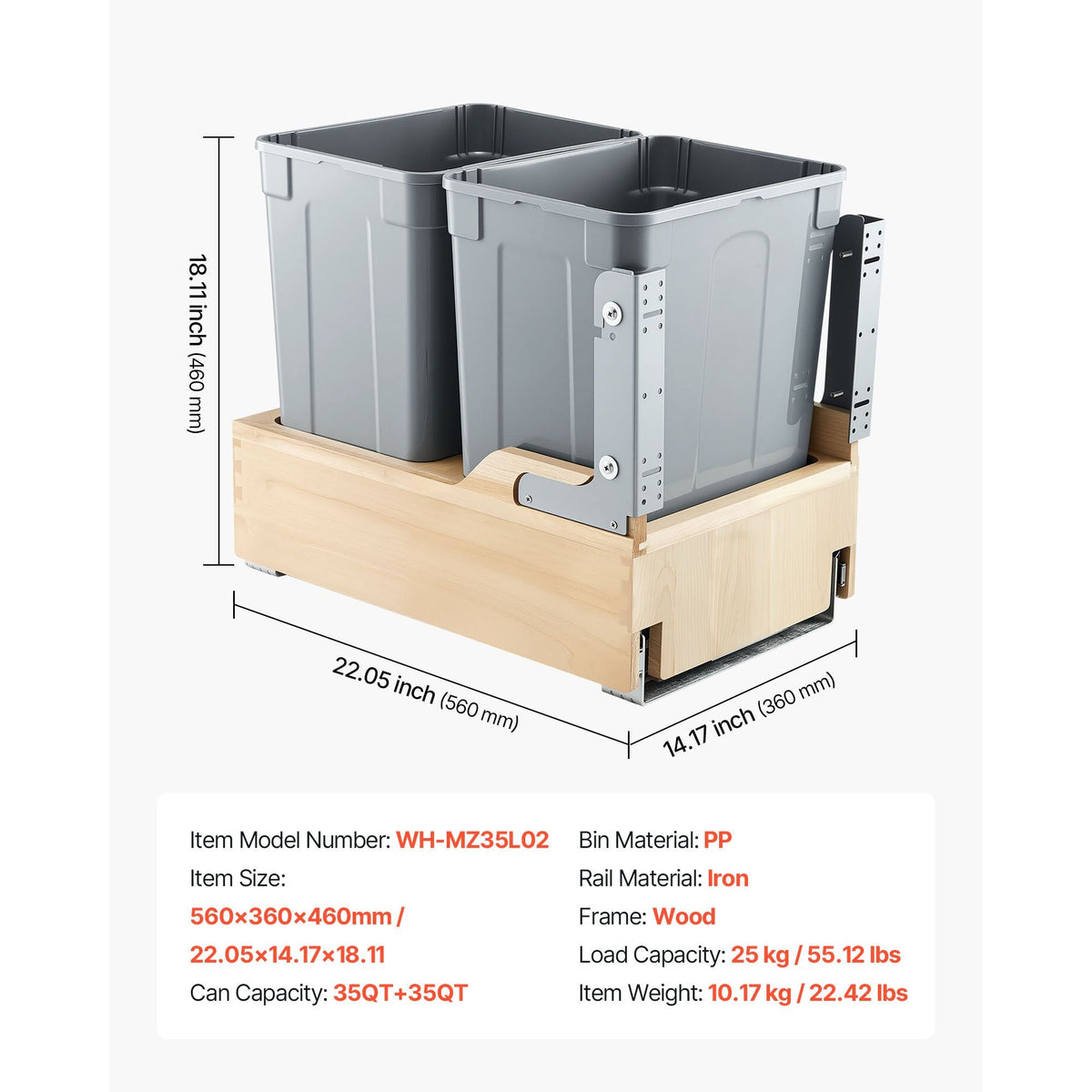 Wood Pullout Trash Can for Kitchen Cabinets, 35 QT x2 Double Under Sink Garbage Waste Recycling Bin, Under Mount Waste Container, with Heavy Duty Metal Soft Close Sliding System and Door Kit