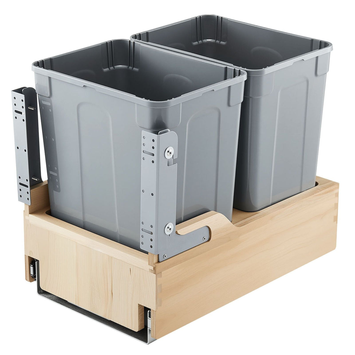 Wood Pullout Trash Can for Kitchen Cabinets, 35 QT x2 Double Under Sink Garbage Waste Recycling Bin, Under Mount Waste Container, with Heavy Duty Metal Soft Close Sliding System and Door Kit
