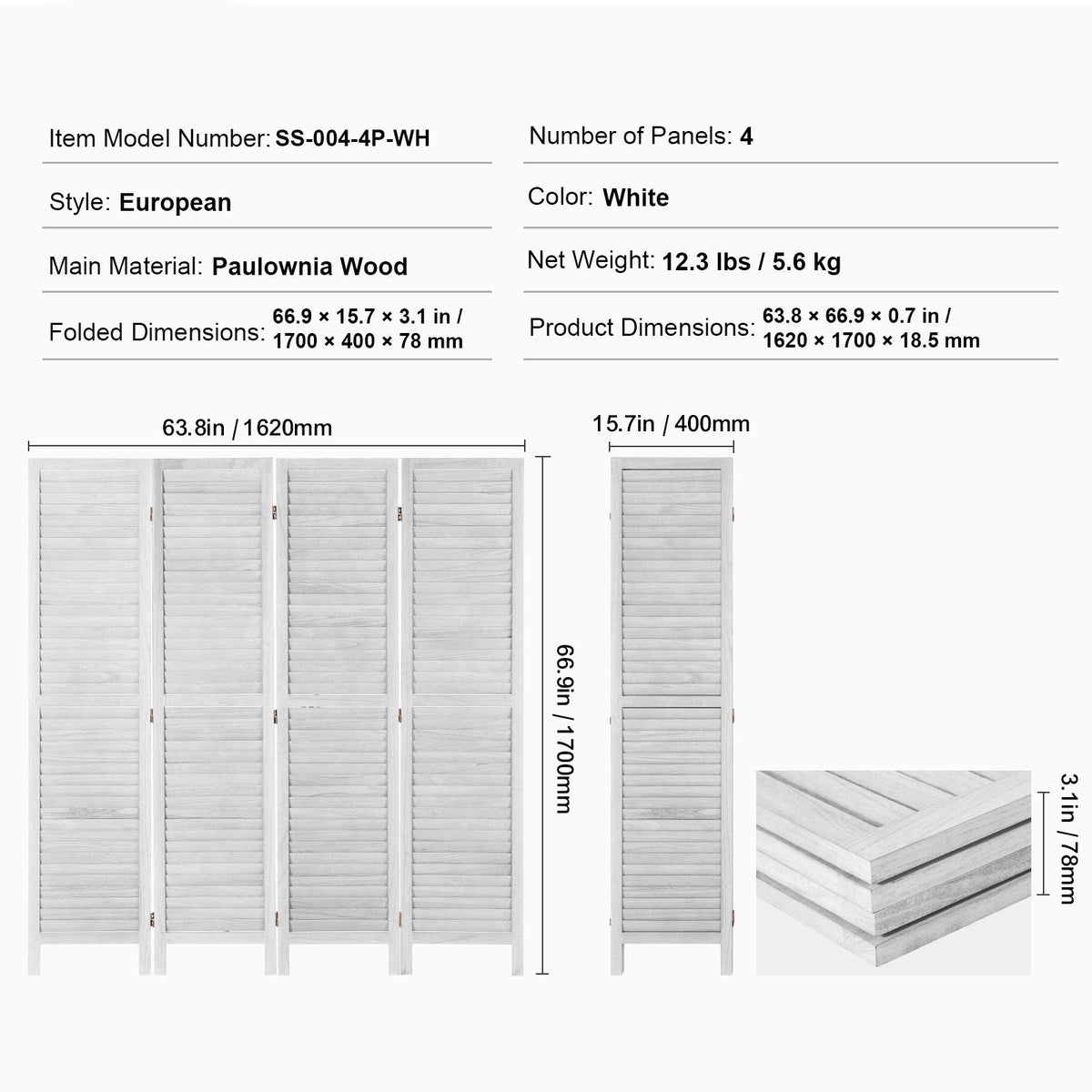 Wood Room Divider, 4 Panel Folding Privacy Screen, 66.9 Inches Tall Indoor Wooden Partition, Portable Decoration Screen, for Room Separation, Home, Office, Restaurant & Bedroom (Light Grey)