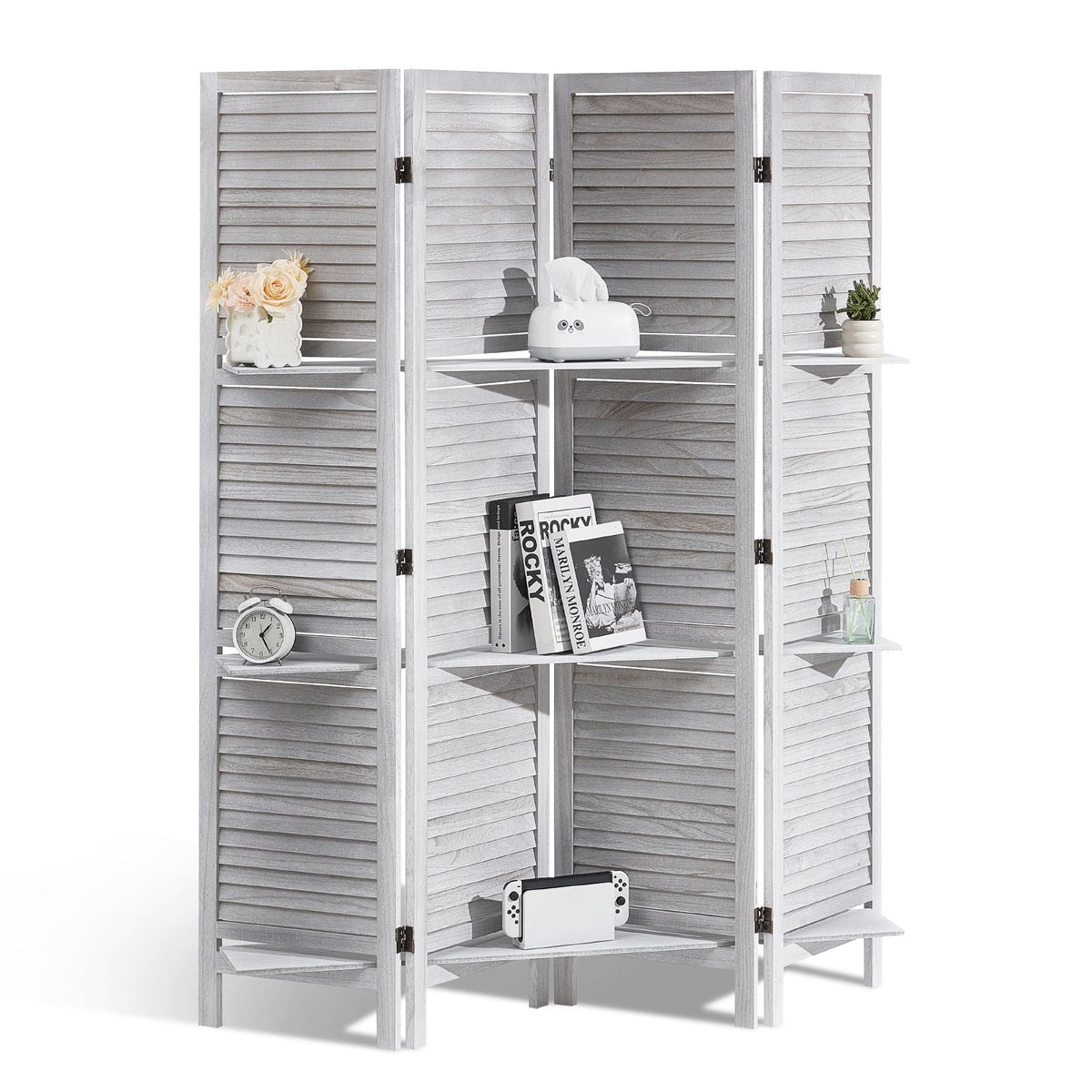 Wood Room Divider, 4 Panel Wood Folding Privacy Screen, 66.9 Inches Tall Indoor Louvered Partition Divider, Portable Decoration Screen, for Room Separation, Home, Office, Restaurant & Bedroom