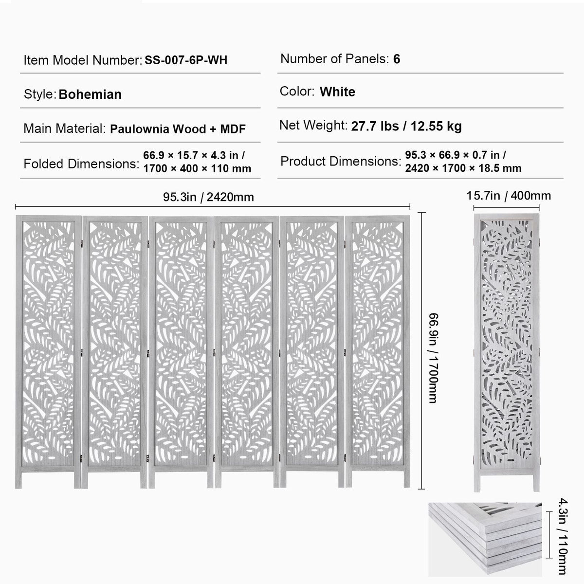 Wood Room Divider, 6 Panel Wood Folding Privacy Screen, 66.9 Inches Tall Indoor Carved Partition Divider, Portable Decoration Screen, for Room Separation, Home, Office, Restaurant & Bedroom