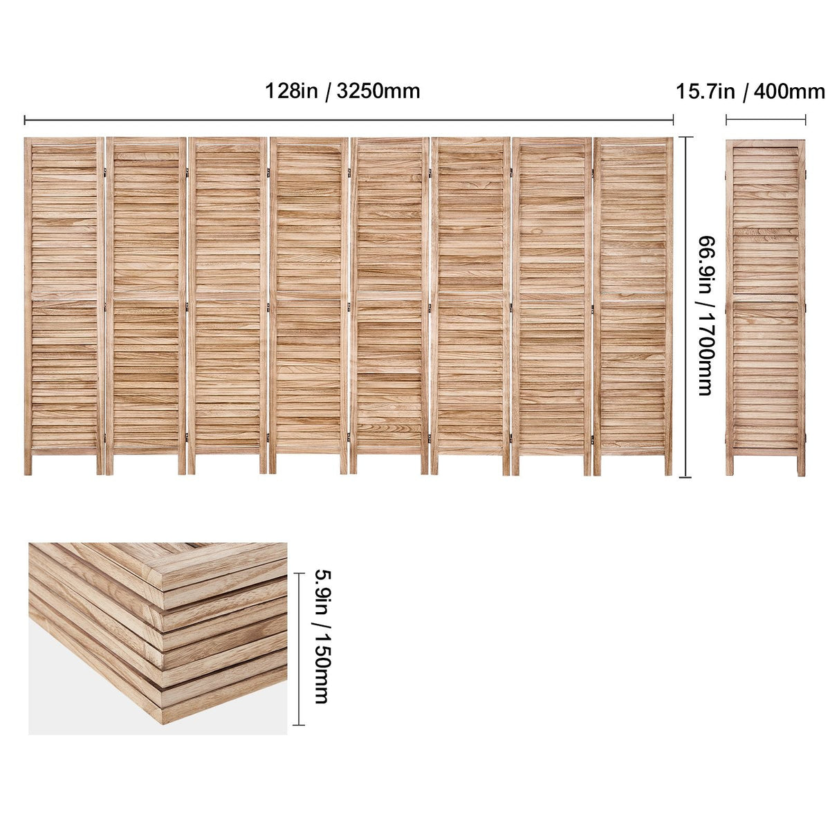 Wood Room Divider, 8 Panel Wood Folding Privacy Screen, 66.9 Inches Tall Indoor Louvered Partition Divider, Portable Decoration Screen, for Room Separation, Home, Office, Restaurant & Bedroom