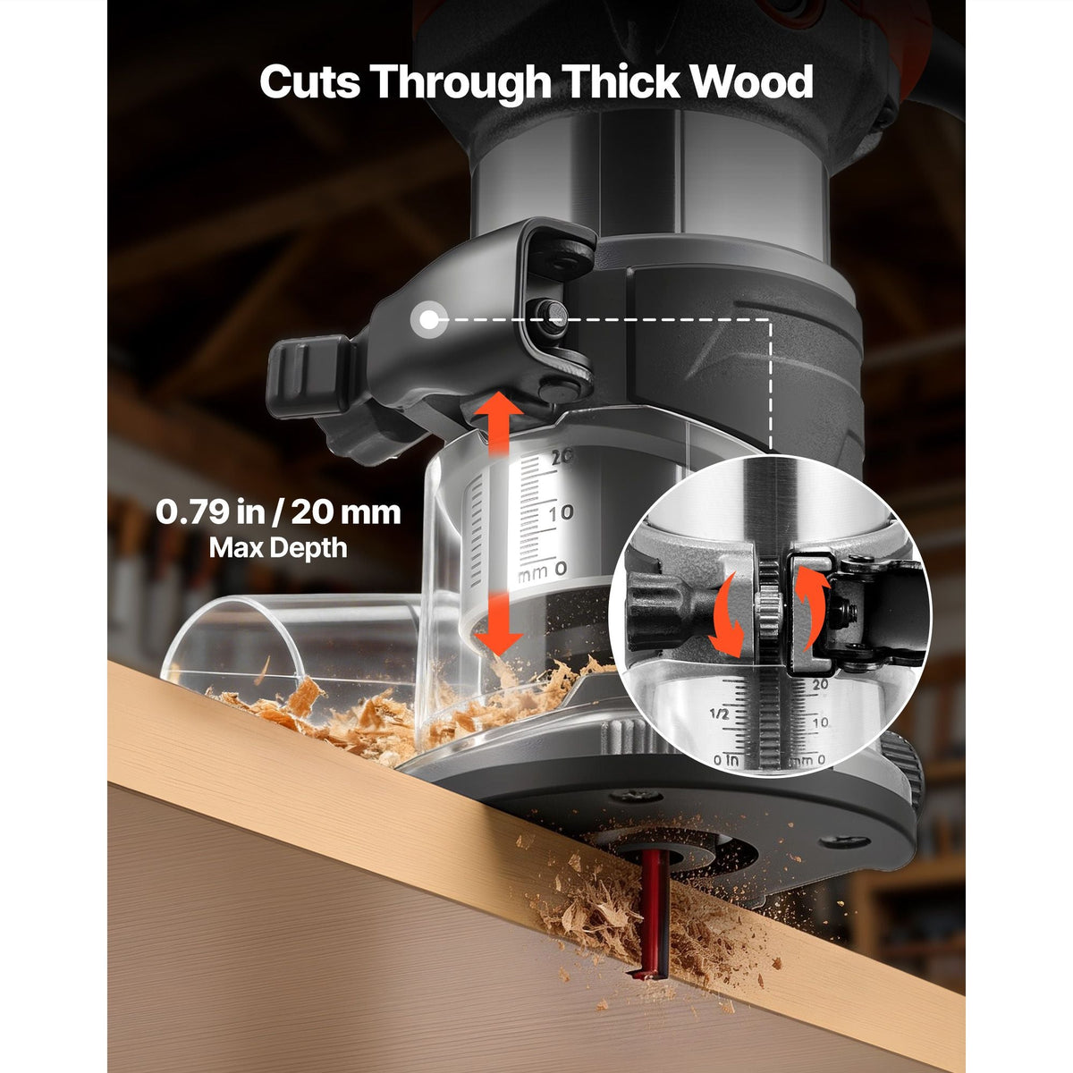 Wood Router, 1 HP 710W, Variable Speed Palm Router Tool with Soft Start, Compact Wood Edge Trimmer with Fixed Base & 1/4-Inch Collet, Dust Hood, for Woodworking, Trimming, DIY Projects, Corded