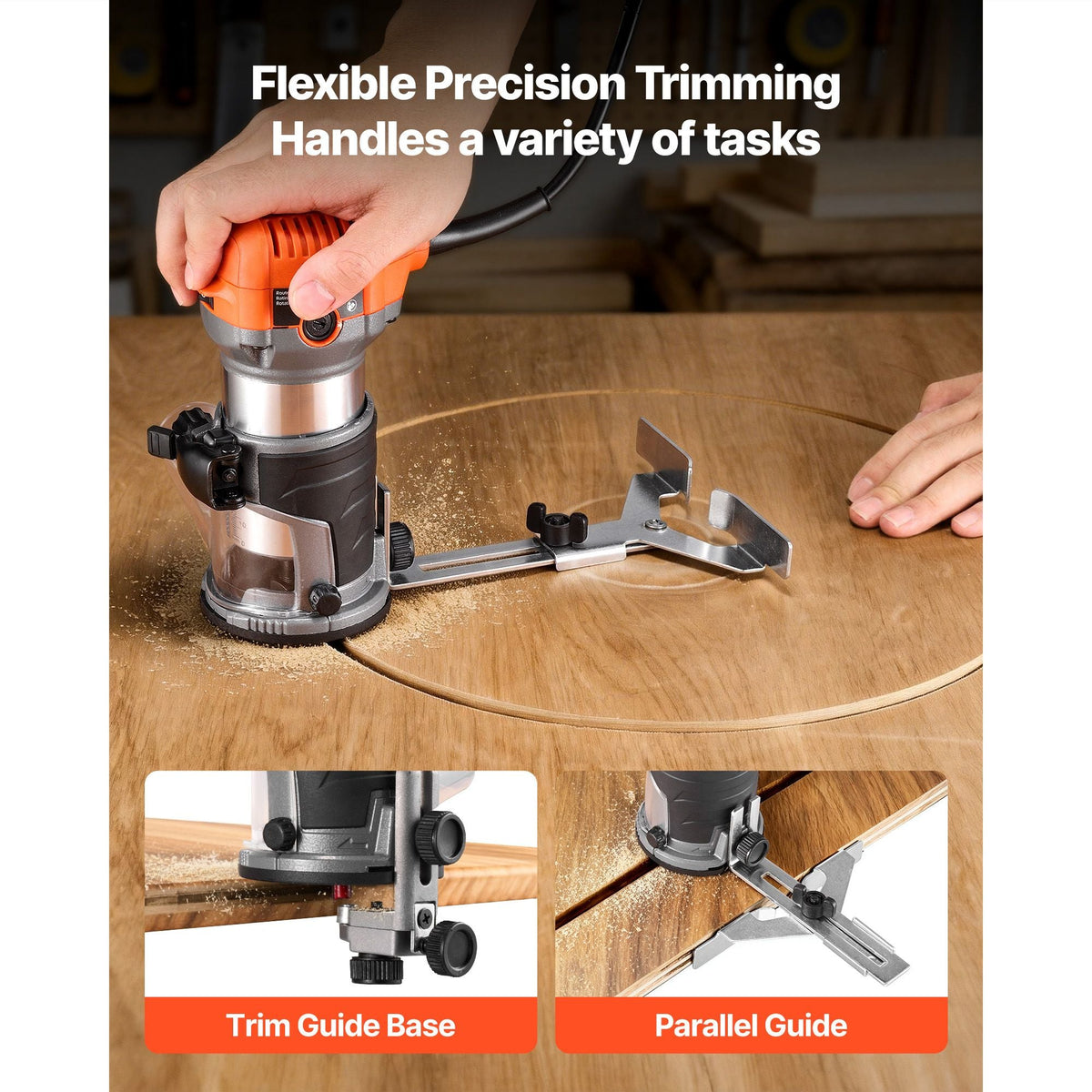 Wood Router, 1 HP 710W, Variable Speed Palm Router Tool with Soft Start, Compact Wood Edge Trimmer with Fixed Base & 1/4-Inch Collet, Dust Hood, for Woodworking, Trimming, DIY Projects, Corded